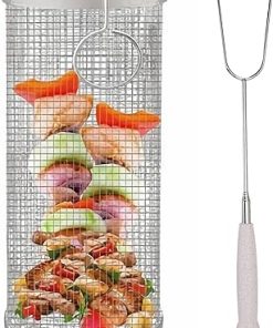 Round Grilling Cooking Accessories,Stainless Steel Wire Mesh Cylinder Grill Basket,Outdoor BBQ Grill Mesh Portable Outdoor Camping Barbecue Rack