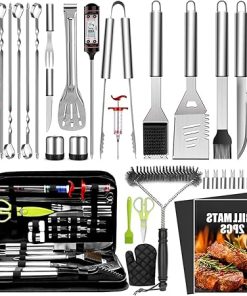 BBQ Grill Accessories Set, 34 Piece Stainless Steel Tools with Carrying Case, Includes Spatula, Tongs, Skewers, Thermometer, Grill Mats