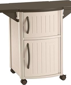 Suncast Outdoor Patio Grill Prep Station Cart with 2 Storage Cabinets, Light Taupe/Mocha