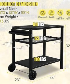 Outdoor Grill Cart Three-Shelf Grill Table, Stainless Steel Flattop Grill Cart with Two Wheels & Hooks, Multifunctional Food Prep Stand for Outside BBQ Patio Backyard(Black) 2