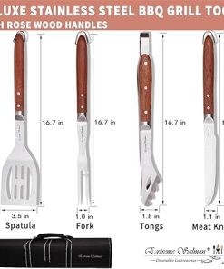 Deluxe BBQ Grill Tool Set with Rosewood Handles – Best Grilling Gift- Heavy Duty Grill Accessories Grilling Tools Set Grill Utensils- Extra Thick Stainless Steel Grill Spatula, Tongs, Fork& Meat Knife 2