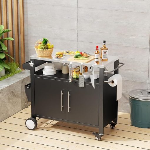 ESPIDOO Outdoor Kitchen Cart with Wheels: Heavy-Duty Stainless Steel BBQ Prep Table with Storage, 2 Doors & Hooks for Grilling Accessories - Portable Grill Cart for Patio, Backyard & Camping Chefs