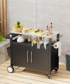 Two Doors Outdoor Grill Cart with Patio Furniture, Rolling Grill Table with Storage,Rolling Bar Carts Outdoor BBQ Cart with Hooks and Spice Rack for Grilling Accessories, Black 2
