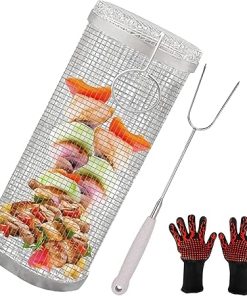 Rolling Grilling Basket,Portable Outdoor Camping Round Barbecue Rack for Vegetables,French Fries,Fish,Versatile Round Grill Cooking Accessories