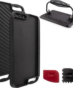 Cuisinel Cast Iron Griddle/Grill + Burger Press + Pan Scrapers - Reversible Pre-Seasoned 20" X 10" Dual Handle Flat Skillet + Griller Pan + Cleaning Accessories - Use Indoor/Outdoor Stove Burner, Gas