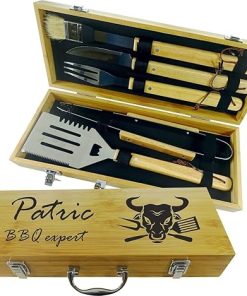 BBQ SET 5 tools | Custom engraved/personalized grilling set with 5 useful Barbeque grilling tools | Barbecue Utensils Gifts for Men & Women | In natural bamboo case | Grill Utensils Set for Dad