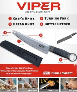 VIPER Grill Utility Knife – 8 inch High Carbon Stainless Steel Chef Knife Bread Knife Meat Turner Bottle Opener with Sheath Grilling Gifts for Dad Men 2