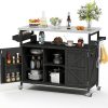Outdoor Grill Cart, Stainless Steel Tabletop Outdoor Kitchen Island, Solid Wood Outdoor Buffet Cabinet with Lockable Wheels for Grilling, Black
