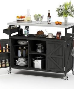 Outdoor Grill Cart, Stainless Steel Tabletop Outdoor Kitchen Island, Solid Wood Outdoor Buffet Cabinet with Lockable Wheels for Grilling, Black