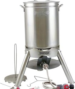 Bayou Classic 200-440 44-qt Stainless Turkey Fryer Kit Features 44-qt Stockpot w/Lid Poultry Rack & Lift Hook 14-in Tall Stainless Cooker Frame w/ 4-in Cast Aluminum Burner