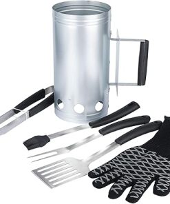 Aluminized Steel Charcoal Chimney 6pc Value Set with Spatula, Basting Brush, BBQ Fork, Tongs and EN407 Certified 932F Heat Resistant Glove