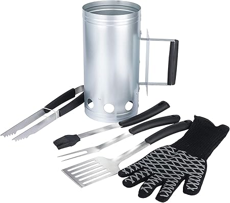 Aluminized Steel Charcoal Chimney 6pc Value Set with Spatula, Basting Brush, BBQ Fork, Tongs and EN407 Certified 932F Heat Resistant Glove Aluminized Steel Charcoal Chimney 6pc Value Set with Spatula, Basting Brush, BBQ Fork, Tongs and EN407 Certified 932F Heat Resistant Glove