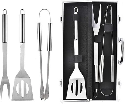 3-Piece Barbecue Tools Set, Stainless Steel Barbecue Accessories BBQ Grill Utensils Kit for Backyard Barbecue Outdoor Grilling Camping Picnics, with Spatula, Tong, Forks,