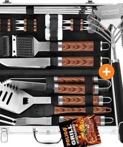 POLIGO 22 PCS BBQ Grill Accessories Set in Aluminum Case Bundle with 2 Different Types Safe Grill Brush and Scraper for All Barbecue Grills - Ideal Birthday Christmas Grilling Gifts for Men Dad