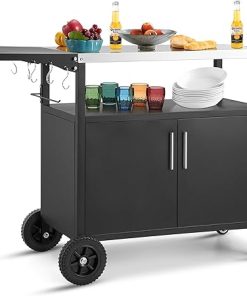 Outdoor Grill Cart with Storage Movable Grill Cart Outdoor Kitchen Island Pizza Oven Table Food Prep Table with Wheels Storage Cabinet for Outside Patio Backyard Garden