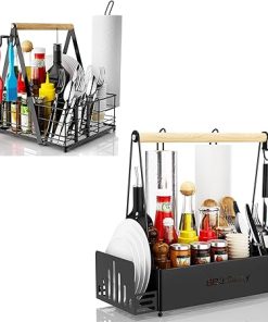 Classic Black Grill Caddy with Paper Towel Holder, 6-Compartment BBQ & Camping Caddy, Portable Storage Organizer for Griddle Grilling Tools, RV Patio & Picnic Accessories