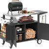 Outsunny Outdoor Grill Cart Table with Foldable Side Table, Stainless Steel Tabletop, 37.8" x 18.1" Pizza Oven Table with Storage & Towel Rack, Hooks, Movable Food Prep Table on Wheels