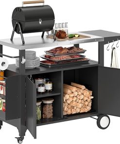 Outsunny Outdoor Grill Cart Table with Foldable Side Table, Stainless Steel Tabletop, 37.8" x 18.1" Pizza Oven Table with Storage & Towel Rack, Hooks, Movable Food Prep Table on Wheels