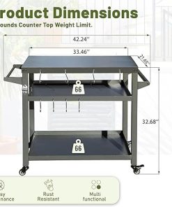 3-Shelf Outdoor Grill Table with Wheels, Tool Hooks, and Ample Storage for BBQ and Pizza Ovens, Grey 2