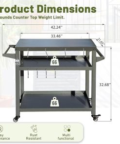 3-Shelf Outdoor Grill Table with Wheels, Propane Tank Hook, and Tool Hooks, Grey 2