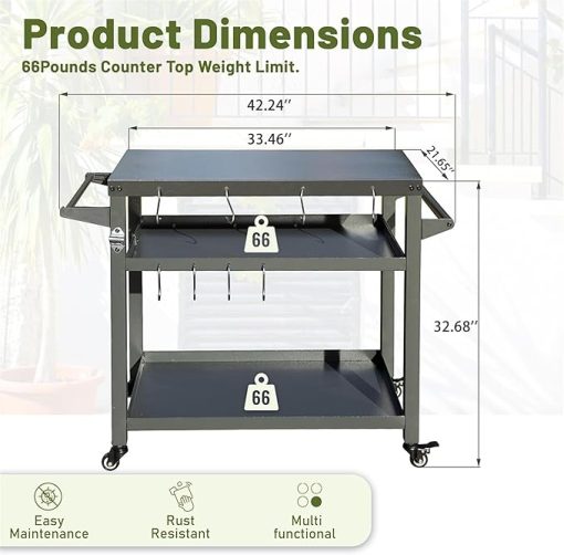 3-Shelf Outdoor Grill Table with Wheels, Propane Tank Hook, and Tool Hooks for, Grey - Image 2
