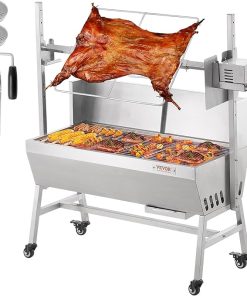 VEVOR Rotisserie Grill with Windscreen, BBQ Whole Pig Lamb Goat Charcoal Spit Grill, 35 Inch 90 Lbs Capacity, Electric 42W Motor Stainless Steel Roaster with Lockable Wheels, for Camping Outdoor