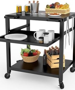 NUUK Outdoor Grill Prep Table 24"x30" Metal Grill Cart Outside 3-Layer Pizza Oven Table Movable with Universal Wheels for BBQ Backyard Patio