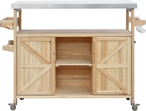 Maximize Outdoor Cooking Space with Rolling Kitchen Island, Stainless Steel Top, Spice Rack & Towel Rack, Natural Wood Finish