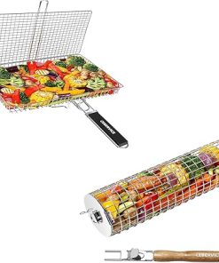 Grill Basket Extra Large + Rolling Grilling Baskets for Outdoor Grilling, SUS304 Food Safe Stainless Steel