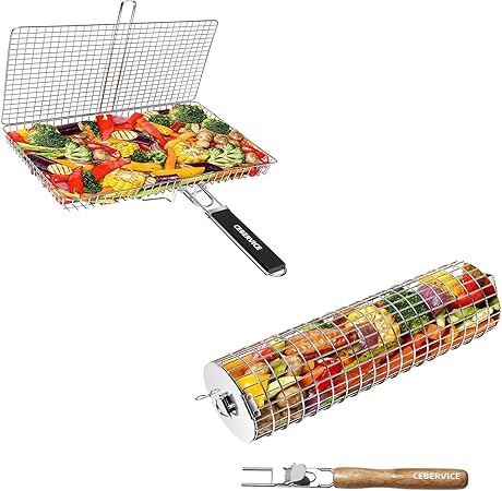Grill Basket Extra Large + Rolling Grilling Baskets for Outdoor Grilling, SUS304 Food Safe Stainless Steel Grill Basket Extra Large + Rolling Grilling Baskets for Outdoor Grilling, SUS304 Food Safe Stainless Steel