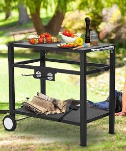 Commercial Grill Cart, Removable Steel Top, Outdoor BBQ Table, Locking Rollers, Double Shelf & Tool Hooks, Multi-Functional Workstation 2