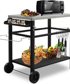 Outdoor Grill Cart Three-Shelf Grill Table Movable BBQ Trolley Food Prep Carts Stainless Steel Multifunctional Worktable Island with Two Wheels, Hooks, Silver 2