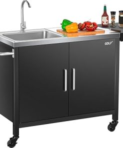 GDLF Outdoor Grill Table with Sink,Metal Grill Cart, Outdoor Kitchen Island with Stainless Steel Sink,L57*W21.65