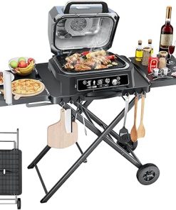 Outdoor Portable Grill Table Cart for Ninja Woodfire- OG701 OG850 OG951, 51in Large Foldable Grill Stand for Ninja Blackstone, Weber, with Paper Towel Holder and J-hooks