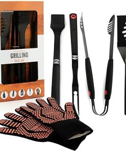 Yukon Glory™ Heavy Duty 5 Piece Grilling Tools Set, Durable Stainless Steel BBQ Accessories, Long Handle 3 in 1 Spatula, Tongs, Brush, Grill Fork, Thick Grilling Gloves, Gift Set