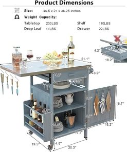 Merax Outdoor Grill Cart with Storage, Patio Kitchen Island Outdoor Grill Table with Lockable Wheels, BBQ Cart Movable Pizza Oven Table Stand with Foldable Tabletop, Blue+Grey 2