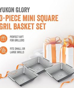 Yukon Glory™ Grilling Basket Set – 3-Piece 9x9x2 Stainless Steel Square Grill Baskets for Outdoor Grill – Perforated BBQ Grill Basket Perfect for Grilling Veggies, Seafood and Meats 2