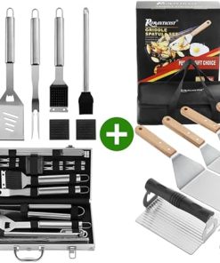 ROMANTICIST 23pc Must-Have BBQ Grill Accessories Set Bundle with 30PCS Flat Top Grill Tools Set for Outdoor Grilling, Teppanyaki - Heavy Duty Griddle Spatula Scraper Burger Press - Ideal Grill Set