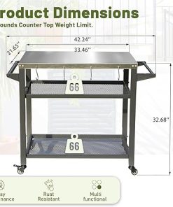 3-Shelf Outdoor Grill Table with Stainless Steel Top, Grill Cart with Wheels and Tool Hooks, Grey 2