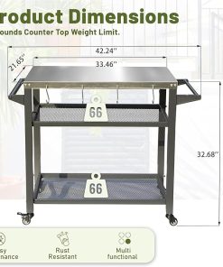 3-Shelf Outdoor Grill Table with Wheels, Stainless Steel Top, Tool Hooks, and Ample Storage, for BBQ and Pizza Oven, Grey 2