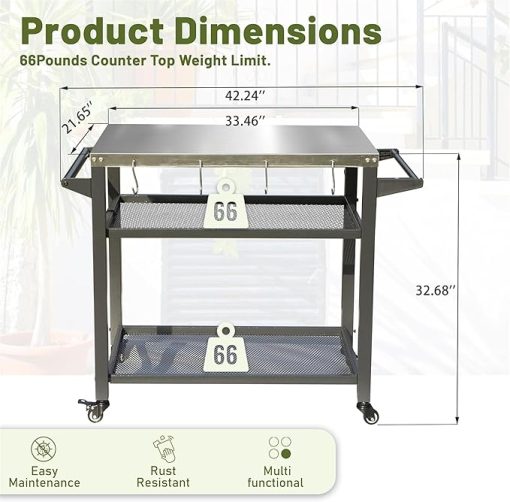 Enhance Outdoor Cooking with 3-Shelf Grill Table, Stainless Steel Top, Tool Hooks & Wheels, BBQs, Grey - Image 2
