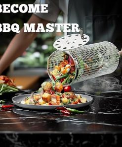 Rolling Grill Baskets (2PCS), Removable Wooden Handle, 304 Stainless Steel, Nesting Grilling Net, BBQ Accessory Tool for Vegetable Shrimp, Outdoor Cooking Camping, Fathers Day Gifts 2