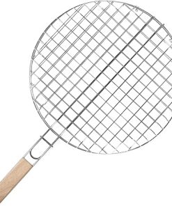 SUPVOX Round Bbq Grill Basket Wood Handle Stainless Steel Grill Rack Versatile Grilling Tool for Fish Meat Outdoor Bbqs