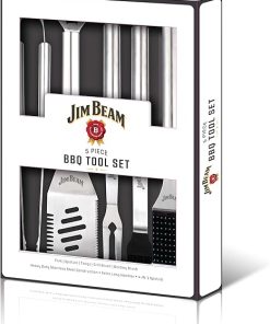 Jim Beam® 5 Piece Stainless Steel BBQ Tool Set – 2-Prong Fork, 4-in-1 Spatula, Grilling Tongs, Basting Brush, Extra Long Handles 2