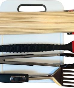 BBQ Grill Tool Set with Chopping Board, Tongs, Spatula, Basting Brush and Bamboo Skewers, Stainless Steel.