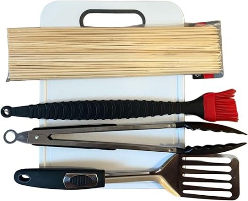 BBQ Grill Tool Set with Chopping Board, Tongs, Spatula, Basting Brush and Bamboo Skewers, Stainless Steel.