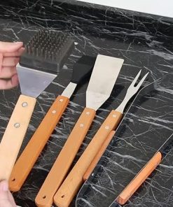 Stainless Steel BBQ Tool Set with Wooden Handle – Outdoor Barbecue Cooking Accessories for Grilling (9-Piece Long Handle Set) 2