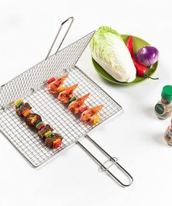 Barbecue Grilling Basket, Portable Stainless Steel Grill Basket Folding BBQ Grill Net BBQ Accessories for Roast Fish Vegetable Shrimp Seafood (40x25CM)