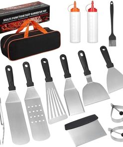 Flat Top Griddle Accessories Kit, 15 Pcs Stainless Steel Barbecue Tool Set for Blackstone and Camp Chef, Grill Spatula Tools Set with Egg Ring, Squeeze Bottles, Sauce Brush, for Teppanyaki Hibachi