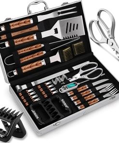 35pcs Deluxe Grilling Gifts Set for Birthday Fathers Day, Stainless Steel BBQ Accessories Kit for Men Dad, Professional Grill Tools Utensils with Scissors, Meat Claws in Aluminum Case Brown